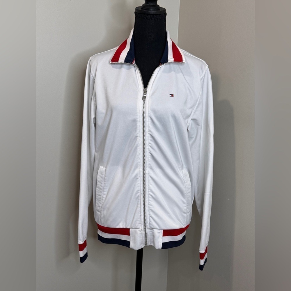Women's Tommy Hilfiger White Jacket with Red and Blue Trim size Small Y2K energy
